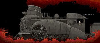 1boy chibi ember_(jejejunum) fire hell highres jejejunum locomotive monster_boy original smoke solo train wheel white_fur