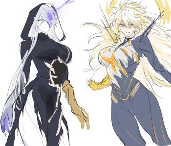 2girls asymmetrical_gloves black_dress black_hood blonde_hair breasts cowboy_shot cracked_skin dress flame_reaver_of_the_deepest_dark genderswap genderswap_(mtf) gloves hair_between_eyes halo halo_behind_head highres honkai:_star_rail honkai_(series) hwan_(mob_hwan) large_breasts long_dress long_hair mismatched_gloves multiple_girls one_eye_covered phainon_(honkai:_star_rail) phainon_(khaslana)_(honkai:_star_rail) spiked_hair thigh_gap thighs very_long_hair white_background white_hair yellow_eyes