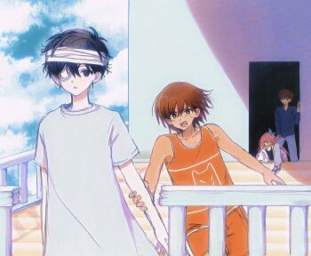 1girl 3boys antenna_hair arms_at_sides aubrey_(faraway)_(omori) aubrey_(omori) bandage_over_one_eye bandaged_head bandages bare_arms bare_shoulders behind_another black_eyes black_hair black_shirt blue_eyes blue_sky blue_sweater bright_pupils brothers brown_eyes brown_hair clenched_hand clenched_teeth cloud collarbone commentary_request cowboy_shot crying crying_with_eyes_open dark-skinned_male dark_skin day double-parted_bangs empty_eyes fang film_grain full_body grabbing_another's_arm hair_behind_ear hair_between_eyes hand_on_another's_arm hero_(faraway)_(omori) hero_(omori) highres hospital_gown jacket kel_(faraway)_(omori) kel_(omori) long_hair long_sleeves looking_ahead looking_at_another multiple_boys no_pupils official_alternate_costume omori one_eye_covered open_clothes open_door open_jacket open_mouth orange_shorts orange_tank_top outdoors parted_lips pink_hair puffy_long_sleeves puffy_sleeves railing sailor_collar salt_xs2 shirt short_hair short_sleeves shorts siblings sky spoilers standing sunny_(hospital_gown)_(omori) sunny_(omori) sweater swimsuit tank_top tareme tears teeth tongue upper_body upper_teeth_only v-neck very_long_hair very_short_hair white_jacket white_pupils wooden_floor yellow_sailor_collar