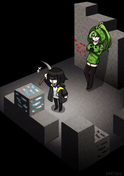 2girls absurdres arknights arknights:_endfield black_hair black_jacket black_thighhighs commentary creeper crossed_arms endministrator_(arknights) english_commentary eye_mask female_endministrator_(arknights) fluorite_(arknights) green_hair green_hoodie highres holding holding_pickaxe hood hoodie jacket mask minecraft multiple_girls open_clothes open_jacket pickaxe ponytail shadow shirt smile standing thighhighs white_shirt who_808