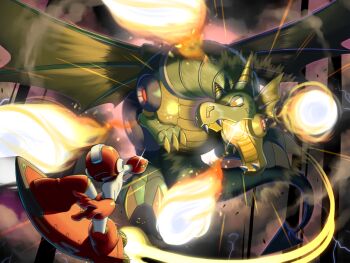 1boy arm_cannon battle commentary_request dragon fireball flying helmet kneeling male_focus mecha_dragon_(mega_man) mega_man_(character) mega_man_(classic) mega_man_(series) mega_man_2 napo non-humanoid_robot robot robot_animal weapon