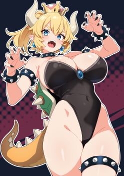 1girl armlet armpit_crease bare_legs black_leotard black_nails blonde_hair blue_eyes bowsette bracelet breasts collar commentary_request curled_fingers highleg highleg_leotard highres horns jewelry kamidan large_breasts leotard long_hair mario_(series) nail_polish new_super_mario_bros._u_deluxe nintendo ponytail sharp_teeth solo spiked_armlet spiked_bracelet spiked_collar spiked_shell spiked_tail spikes strapless strapless_leotard super_crown tail teeth turtle_shell