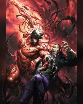 2boys black_hair black_jacket carnage_(marvel) character_request comic_cover commentary english_commentary fangs fighting glowing glowing_eyes grey_vest hair_slicked_back highres jacket kunkka male_focus marvel monster_boy multiple_boys muscular muscular_male no_pupils official_art open_mouth pants pointy_ears purple_pants sharp_teeth slime_boy spider-man_(series) symbiote teeth twitter_username vampire vest