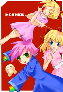 Rule 34 | 3girls, ana (mother), blonde hair, bow, commentary request, doseisan, dress, hair bow, hood, hooded dress, hoodie, kumatora, looking at viewer, lowres, mother (series), mother 1, mother 2, mother 3, mr, multiple girls, nintendo, noro2443, open mouth, paula (mother 2), pink dress, pink hair, red bow, shirt, short hair, simple background, smile