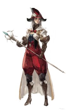 Rule 34 | 1girl, cape, cleavage cutout, clothing cutout, commentary request, flower, full body, grey hair, hat, hat flower, high heels, holding, holding staff, lily (flower), mage staff, medium hair, original, pants, red hat, red pants, simple background, solo, staff, standing, tahra, white background, white cape, witch, witch hat