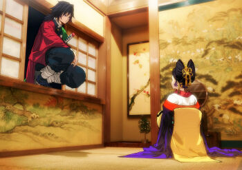 1boy 1girl architecture bandaged_leg bandages black_hair black_jacket black_pants black_socks bow-shaped_hair colored_tips commentary_request demon_slayer_uniform east_asian_architecture facing_away from_behind full_body gold_buttons hair_between_eyes hair_ornament hair_stick haori highres indoors jacket japanese_clothes katana kimetsu_no_yaiba kimono kochou_shinobu looking_at_another low_ponytail multicolored_hair niku_(ni23ku) pants ponytail print_haori purple_hair revision sidelocks sitting socks squatting sword tassel tassel_hair_ornament tomioka_giyuu twitter_username updo weapon weibo_username