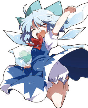 1girl ^_^ akaneya bloomers blue_dress blue_hair bow cirno closed_eyes dress female_focus frog frozen frozen_frog hair_bow ice ice_wings jumping open_mouth puffy_short_sleeves puffy_sleeves raised_fist shirt short_sleeves simple_background solo teeth touhou underwear upskirt wings
