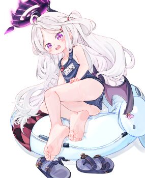 1girl barefoot black_horns blue_archive blue_one-piece_swimsuit cameltoe chaosexceed character_name commentary demon_girl demon_horns demon_wings english_commentary feet flat_chest full_body halo highres hina_(blue_archive) hina_(swimsuit)_(blue_archive) horns loli long_hair looking_at_viewer low_wings mixed-language_commentary official_alternate_costume one-piece_swimsuit one_side_up open_mouth parted_bangs purple_eyes purple_halo purple_wings sandals school_swimsuit simple_background soles solo swimsuit teeth toes unworn_sandals upper_teeth_only wavy_hair white_background white_hair wings