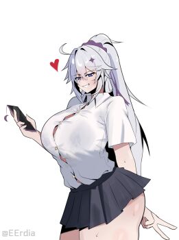 1girl ahoge alternate_breast_size_(larger) black_skirt breasts cellphone collared_shirt commentary cowboy_shot curvy english_commentary eruda_erudia from_behind grin hair_ribbon heart highres holding holding_phone honkai_(series) honkai_impact_3rd huge_breasts kiana_kaslana long_hair looking_down miniskirt phone pleated_skirt ponytail purple_eyes purple_ribbon ribbon school_uniform shirt shirt_tucked_in short_sleeves sidelocks simple_background skirt smartphone smile smug thick_thighs thighs twitter_username v very_long_hair white_background white_hair white_shirt