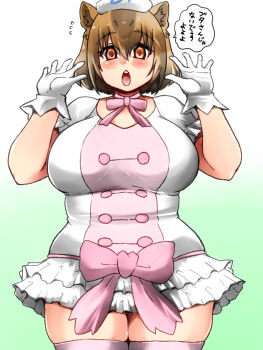 1girl animal_ear_fluff animal_ears arms_up blush bow breasts brown_hair buttons capybara_(kemono_friends) commentary_request cowboy_shot dot_nose double-breasted dress gloves gradient_background green_background hair_between_eyes highres isna_(footprintsofisna) kemono_friends large_breasts looking_at_viewer multicolored_hair open_mouth orange_eyes pink_dress short_dress short_sleeves simple_background solo speech_bubble straight-on tareme thick_thighs thighhighs thighs towel towel_on_head translation_request white_background white_dress white_gloves