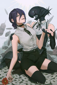 2girls absurdres apron black_apron black_choker black_gloves black_hair black_ribbon black_shorts black_thighhighs bomb_devil_(chainsaw_man) chainsaw_man choker collared_shirt dynamite elbow_gloves explosive flower gloves green_eyes grenade grenade_pin grey_shirt hair_bun highres holding holding_flower multiple_girls neck_ribbon red_flower reze_(chainsaw_man) ribbon shirt shorts sleeveless sleeveless_shirt thighhighs white_flower yysuke