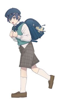 1girl alternate_costume backpack bag blue_eyes blue_hair blush brown_shoes commentary full_body green_sweater highres loafers open_mouth persona persona_4 reverse_trap shirogane_naoto shirt shoes shorts socks solo sweater usa_(kawaii_152cm) walking white_shirt white_socks