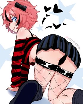 1girl :q absurdres all_fours alternate_costume arched_back ass bare_shoulders black_bow black_panties black_skirt black_socks black_streaks black_sweater blue_eyes blue_eyeshadow blush bow bra_strap breasts commentary cropped_sweater doki_doki_literature_club eclipxare english_commentary eyeshadow fishnet_thighhighs fishnets foot_out_of_frame from_behind goth_fashion hair_bow hands_on_ground heart heart_in_eye highres long_sleeves looking_at_viewer looking_back makeup multicolored_hair no_shoes off-shoulder_sweater off_shoulder panties patreon_username pink_hair pleated_skirt presenting presenting_ass red_sweater sayori_(doki_doki_literature_club) short_hair skirt socks solo star_(symbol) star_symbol_background streaked_hair striped_clothes striped_sweater sweater symbol_in_eye thighhighs tongue tongue_out two-tone_sweater underboob underwear white_background
