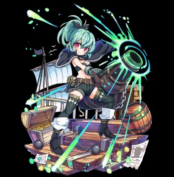 1girl :3 aqua_hair bandeau barrel belt black_background black_bow black_capelet black_thighhighs blush boots bow box breasts brown_belt capelet chain cleavage closed_mouth coin firing full_body hair_between_eyes highres holding_cannon medium_breasts merc_storia merc_storia_art_team navel official_art paper pink_hair rivera_(merc_storia) sail shorts sidelocks simple_background smile solo standing tachi-e thigh_boots thighhighs v-shaped_eyebrows white_shorts