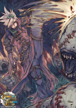 Rule 34 | 00s, 1boy, armor, battle, bodysuit, cave, dungeon and fighter, full armor, kicking, male focus, male gunner (dungeon and fighter), monster, rock, sharp teeth, silver hair, solo, spiked hair, stitched, teeth, third-party edit, yi lee