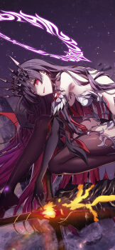 1girl absurdres backless_outfit black_gloves black_hair counter:side crown elbow_gloves fantasy floating_hair floating_rock from_side gloves hair_spread_out halo halo_behind_head highres huge_weapon long_hair looking_at_viewer looking_to_the_side middle_finger outdoors red_eyes rosaria_le_friede sakon04 sideless_outfit smile squatting standing_on_sword standing_on_weapon sword thighhighs v very_long_hair weapon