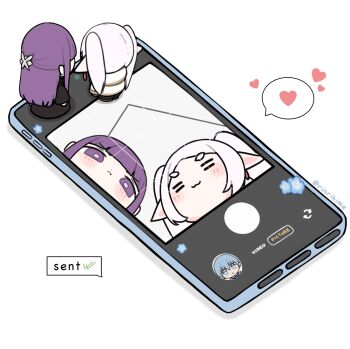 2girls :3 :t =_= black_robe blue_flower blunt_bangs capelet cellphone commentary earrings elf english_commentary fern_(sousou_no_frieren) figures_taking_selfie_(meme) floating_earrings flower frieren heart highres himmel_(sousou_no_frieren) jewelry meme mini_person multiple_girls negative_space parted_bangs phone pointy_ears purple_eyes purple_hair purple_pupils rinrihime robe selfie smartphone sousou_no_frieren speech_bubble standing_on_object striped_blush teardrop_earrings twintails user_interface viewfinder white_background white_capelet