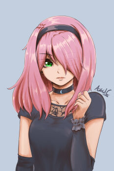 1girl arm_at_side artist_name artist_self-insert azulcrescent black_choker black_hairband black_shirt breasts choker closed_mouth collarbone commentary crescent_choker detached_sleeves earrings english_commentary eyes_visible_through_hair green_eyes grey_background hair_over_one_eye hair_over_shoulder hairband hand_up highres holding holding_own_hair jewelry light_frown lips long_hair long_sleeves medium_breasts original pink_hair shirt short_sleeves simple_background solo stud_earrings upper_body