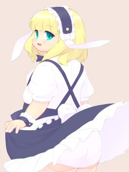 1girl animal_ears aqua_eyes back_bow blonde_hair blunt_bangs blush bow commentary_request cowboy_shot fake_animal_ears from_behind gochuumon_wa_usagi_desu_ka? good_meat_day highres looking_at_viewer looking_back medium_hair open_mouth panties plump short_sleeves simple_background solo tareme thick_arms thick_thighs thighs underwear white_bow white_panties yumi_(pixiv_16285570)