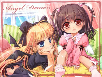 Rule 34 | 2girls, angel, black bow, black thighhighs, black wings, blonde hair, blue eyes, blue sky, blush, bow, brown hair, commentary request, couch, demon girl, demon wings, dress, fang, full body, grin, hair bobbles, hair bow, hair ornament, indoors, juliet sleeves, long hair, long sleeves, looking at viewer, misaki (kyal 001), multiple girls, no shoes, original, pink dress, pink eyes, pointy ears, puffy sleeves, sitting, sky, smile, socks, thighhighs, two side up, white socks, window, wings