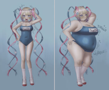 1girl anger_vein arm_up before_and_after belly big_belly blonde_hair blue_background blue_bow blue_eyes blue_hair blue_nails blue_one-piece_swimsuit blunt_bangs blush bow breasts chouzetsusaikawa_tenshi-chan cleavage covered_navel fat fat_woman hair_bow hand_in_own_hair hand_on_own_hip medium_breasts multicolored_hair needy_girl_overdose one-piece_swimsuit open_mouth orristerioso pink_bow pink_hair pink_nails pink_socks purple_bow school_swimsuit shoes smile socks solo sound_effects standing swimsuit thick_arms twintails weight_conscious weight_gain white_shoes