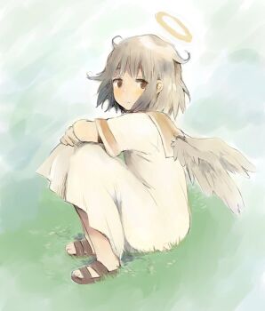Rule 34 | 1girl, angel, angel wings, bad link, brown eyes, brown sandals, dress, eyebrows hidden by hair, fetal position, grass, grey hair, haibane renmei, halo, knees to chest, light smile, long dress, looking at viewer, messy hair, on ground, rakka (haibane renmei), sailor dress, sakana45, sandals, short hair, simple background, solo, traditional halo, white dress, wings