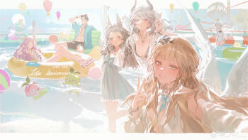 1boy 5girls afloat aircraft angel_wings animal_ears anniversary arm_up black_bra black_shorts blonde_hair blue_bow blue_eyes blue_shirt blunt_bangs bow bra breasts brown_eyes chinese_commentary closed_eyes closed_mouth commentary_request copyright_request creature cross-laced_clothes day dress english_text everyone eyewear_on_head grey_hair heterochromia high_heels highres horns hot_air_balloon inflatable_chair innertube jewelry kurikabacha long_hair looking_at_viewer medium_breasts multiple_girls necklace on_innertube open_clothes open_shirt pink_eyes pool selfie shirt short_dress short_hair shorts sitting small_breasts smile sunglasses swim_ring swimsuit underwear v water watermark weibo_watermark white_wings wings wolf_ears wolf_girl