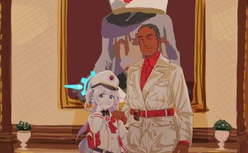 1boy 1girl anton_castillo arm_at_side backpack bag bag_charm balding belt black_eyes black_hair blue_archive blue_eyes charm_(object) cherino_(blue_archive) cherino_(portrait)_(blue_archive) clich51368861 closed_mouth collared_shirt commentary_request crossover dark-skinned_male dark_skin facial_hair far_cry far_cry_6 giancarlo_esposito gloves halo hand_on_another's_shoulder hand_up hat height_difference highres jacket long_hair long_sleeves looking_at_viewer military_jacket mustache necktie parody portrait_(object) randoseru red_bag red_belt red_necktie red_shirt shako_cap shirt short_hair smirk thick_eyebrows twirling_mustache two_side_up v-shaped_eyebrows very_short_hair white_gloves white_hair white_jacket