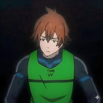 1boy absurdres black_background blue_lock brown_hair green_shirt highres isezaki_takuma looking_to_the_side medium_hair shirt