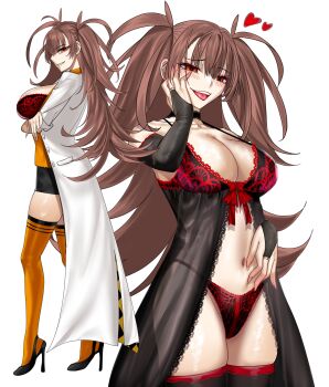 Rule 34 | 1girl, absurdres, babydoll, black panties, black thighhighs, blue notuki, blush, breasts, bridal gauntlets, brown hair, coat, dr. arach, full body, hand on own face, highres, lace trim, large breasts, looking at viewer, multiple views, navel, orange eyes, orange thighhighs, panties, red panties, smile, spider web print, thighhighs, tongue, tongue out, tsukihime, tsukihime (remake), underwear, white background, white coat