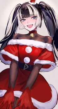 1girl alternate_costume black_bodysuit black_hair blue_eyes blush bodysuit choker dress fur-trimmed_dress fur_trim gloves hat highres hololive hololive_dev_is juufuutei_raden long_hair looking_at_viewer murechika open_mouth red_choker red_dress red_gloves santa_costume santa_dress santa_hat smile solo twintails very_long_hair virtual_youtuber white_streaks
