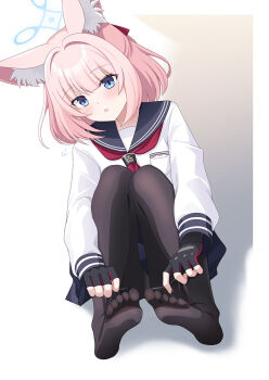 1girl animal_ear_fluff animal_ears black_gloves black_pantyhose black_sailor_collar blue_archive blue_eyes blue_halo blue_skirt commentary_request eko fingerless_gloves fox_ears fox_girl gloves halo highres long_sleeves miniskirt neckerchief niko_(blue_archive) pantyhose pink_hair pleated_skirt red_neckerchief sailor_collar school_uniform serafuku shirt short_hair sitting skirt solo tactical_school_uniform white_shirt