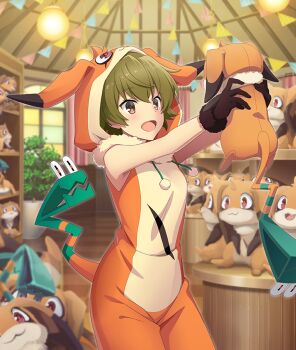 Rule 34 | 1girl, :3, :d, armpit crease, bare arms, bare shoulders, blush, bodysuit, bookshelf, breasts, brown eyes, brown gloves, character costume, checkered floor, cowboy shot, curtains, display case, fur-trimmed gloves, fur trim, game cg, gloves, green hair, hands up, hanging light, himeno shiho, holding, holding stuffed toy, indoors, mascot costume, medium breasts, nene (toji no miko), official art, open mouth, orange bodysuit, outstretched arms, plant, potted plant, red eyes, smile, solo, string of flags, stuffed animal, stuffed toy, third-party source, toji no miko, toji no miko: kizamishi issen no tomoshibi, window