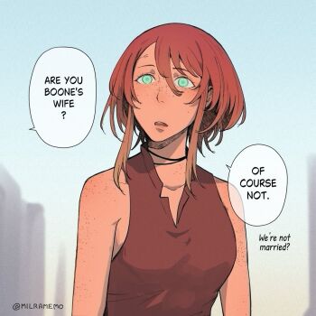 1girl bare_shoulders blue_sky blush brown_hair brown_shirt collarbone collared_shirt commentary courier_(fallout:_new_vegas) day english_commentary english_text fallout fallout:_new_vegas freckles green_eyes hair_between_eyes milramemo noelle_rutherford open_mouth outdoors shirt sky sleeveless sleeveless_shirt solo twitter_username upper_body