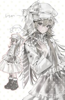 1girl black_boots blush blush_stickers boots bow brown_hair buttons dress fashion footwear_bow frilled_dress frilled_hat frilled_scarf frills full_body fur-trimmed_boots fur-trimmed_shorts fur_trim grey_eyes hair_between_eyes hand_on_own_chest hand_up hat hat_bow highres lace lace_sleeves layered_clothes long_hair long_sleeves looking_at_viewer multiple_views newsboy_cap nyzziz original polka_dot polka_dot_background scarf see-through_clothes see-through_dress shorts shorts_under_dress socks striped_clothes striped_scarf upper_body white_background white_bow white_hat