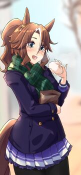 1girl animal_ears bag black_pantyhose blue_coat blue_eyes blush brown_hair buttons coat commentary double-breasted food green_scarf hair_between_eyes highres holding holding_bag holding_food horse_ears horse_girl horse_tail kyabetsuman long_hair long_sleeves looking_at_viewer mejiro_palmer_(umamusume) multicolored_hair open_mouth pantyhose ponytail purple_serafuku purple_skirt scarf school_uniform serafuku skirt smile solo steamed_bun streaked_hair symbol-only_commentary tail tracen_school_uniform tracen_winter_coat umamusume white_hair winter_clothes winter_coat