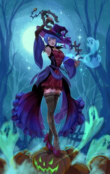 1girl alternate_costume aqua_(kingdom_hearts) aqua_eyes aqua_hair bat_hat_ornament black_dress black_gloves black_thighhighs book commentary detached_sleeves dress elbow_gloves english_commentary fingerless_gloves full_body ghost gloves halloween_costume hat hat_ornament high_heels highres holding holding_book holding_weapon jack-o&#039;-lantern keyblade kingdom_hearts looking_at_viewer mimamilux moon open_book purple_hat short_hair smile solo thighhighs weapon witch_hat