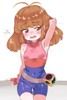 1girl antenna_hair arm_behind_head arm_up armpits belt blush blush_stickers bodysuit breasts brown_eyes brown_hair covered_navel custom_robo english_text fingerless_gloves gloves loli medium_hair open_mouth red_gloves sleeveless small_breasts solo sweat thigh_gap torulene white_background yurie_(custom_robo)
