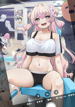 Rule 34 | 35p (sakura miko), 3girls, blonde hair, breasts, cleavage, collarbone, crop top, double bun, exercising, fitness gym, green eyes, hair bun, harada isuka, highres, hololive, hololive dance practice uniform, kazama iroha, large breasts, midriff, momosuzu nene, multiple girls, muscular, muscular male, navel, nekko (momosuzu nene), off-shoulder shirt, off shoulder, open mouth, poster (object), sakura miko, shirt, shorts, smile, solo focus, sweat, virtual youtuber, yagoo, yukihana lamy