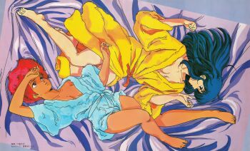 1980s_(style) 2girls barefoot bed_sheet blue_eyes blue_hair breasts cleavage collarbone dark-skinned_female dark_skin dirty_pair kei_(dirty_pair) long_hair lying magazine_scan multiple_girls my_anime no_bra non-web_source official_art oldschool on_back parted_lips profile red_eyes red_hair retro_artstyle scan short_hair translation_request yuri_(dirty_pair)