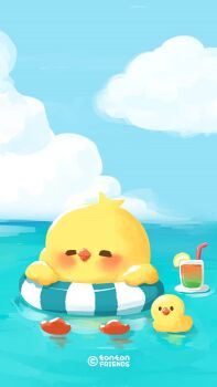 =_= artist_request beak bird blue_sky blush_stickers cloud copyright_notice cup day drinking_glass drinking_straw duck food food_focus fruit happy highres innertube lemon lemon_slice no_humans ocean original outdoors partially_submerged reflection reflective_liquid rubber_duck sky source_request swim_ring tea third-party_source