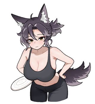 1girl :3 ahoge animal_ear_fluff animal_ears bent_over black_pants black_sports_bra black_tail breasts character_request cleavage cocktiel77 collarbone commentary_request cropped_legs fox_ears fox_girl fox_tail frisbee green_eyes hair_bun hand_on_own_hip holding holding_toy korean_commentary large_breasts medium_hair navel pants ran_(trickcal) sidelocks simple_background slit_pupils solo sports_bra stomach sweatpants tail toy trickcal white_background