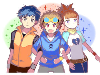 Rule 34 | 1girl, 2boys, broken heart, brown hair, digimon, digimon tamers, hair ornament, hairpin, heart, kiooooomi, lee jianliang, long hair, makino ruki, matsuda takato, multiple boys, ponytail, purple eyes, short hair, sparkle