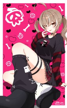 1girl absurdres ahoge black_choker black_leg_warmers black_nails black_skirt bone chain chain_necklace choker emo_fashion friend_(nanashi_mumei) hair_over_one_eye heart heart_choker highres hololive hololive_english huge_ahoge jewelry ken-pai_(kenpai_arts) leg_warmers multicolored_hair nanashi_mumei nanashi_mumei_(emo) necklace nightmare_(nanashi_mumei) pink_background plaid_clothes plaid_skirt platform_shoes pleated_skirt red_skirt shirt_tucked_in sitting skirt skull streaked_hair striped_clothes striped_sweater sweater sweater_under_shirt tongue tongue_out twintails twitter_username two-tone_sweater v virtual_youtuber white_leg_warmers