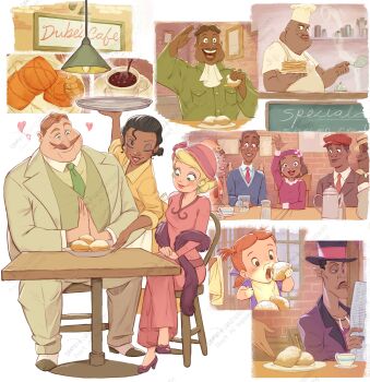 6+boys 6+girls absurdres black_hair blonde_hair blush buford_(the_princess_and_the_frog) cafe chalkboard character_request charlotte_la_bouff child closed_eyes coffee commentary_request cup d74335631 dark-skinned_female dark-skinned_male dark_skin dr._facilier dress eating eli_la_bouff everyone facial_hair flower food georgia_(the_princess_and_the_frog) hair_bun hand_up hat hat_flower highres indoors lamp lips mug multiple_boys multiple_girls mustache official_style pancake pink_dress pink_hat plate shirt short_hair single_hair_bun smile table the_princess_and_the_frog_(disney) tiana_(the_princess_and_the_frog) toddler toon_(style) top_hat very_dark_skin waitress watermark yellow_shirt