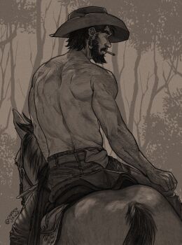 1boy absurdres back back_focus back_muscles bara beard captainjawz cigarette cowboy_hat denim diego_(captainjawz) earrings facial_hair forest from_behind full_beard greyscale hat heart heart_earrings highres horseback_riding jeans jewelry looking_to_the_side male_focus mature_male monochrome nature original pants profile riding short_hair solo thick_arm_hair thick_back_hair thick_beard thick_eyebrows toned toned_male topless_male tsurime very_hairy