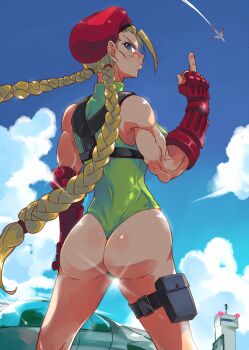 1girl angry ass blonde_hair blue_eyes blue_sky braid cammy_white car closed_mouth cloud commentary commentary_request english_commentary fingerless_gloves from_above gloves green_leotard hat highres leotard long_hair looking_at_viewer middle_finger mixed-language_commentary motor_vehicle pirate_yuri red_gloves red_hat sky street_fighter toned toned_female twin_braids very_long_hair wedgie