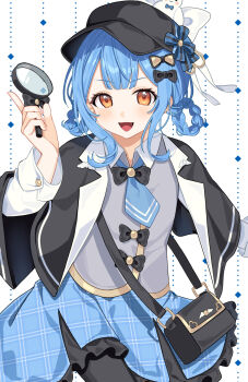 1girl 55szt :d black_bag black_capelet black_hat black_pantyhose blue_hair blue_skirt braid braided_hair_rings capelet collared_shirt commentary_request cowboy_shot deerstalker detective frilled_skirt frills grey_vest hair_rings hand_up hat highres holding holding_magnifying_glass index_finger_raised long_sleeves looking_at_viewer magnifying_glass mahou_shoujo_no_majo_saiban necktie open_mouth pantyhose plaid_clothes plaid_skirt pleated_skirt shirt short_hair skirt smile solo standing tachibana_sherry vest