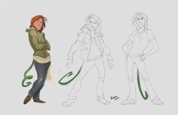 blue_pants breasts brown_shoes contrapposto crossed_arms dated denim full_body greekceltic green_hoodie hood hooded_jacket hoodie jacket jacky_(greekceltic) jeans medium_hair multiple_persona one_eye_closed orange_hair original pants shirt shoes signature simple_background tail