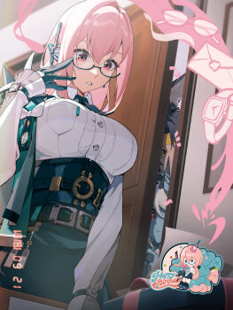 1boy 3girls animal_ear_fluff animal_ears asaba_harumasa birthday black_gloves black_skirt blue_horns blue_oni blue_skin box colored_skin earrings fox_ears fox_girl gift gift_box glasses gloves hair_between_horns happy_birthday headband high-waist_skirt highres horns hoshimi_miyabi hourglass_earrings indoors jewelry letter looking_at_object multicolored_horns multiple_girls official_art oni orange_eyes pencil_skirt pink_eyes pink_hair shirt skin-covered_horns skirt soukaku_(zenless_zone_zero) teeth tsukishiro_yanagi two-tone_horns watch white_shirt wristwatch yellow_eyes yellow_headband zenless_zone_zero
